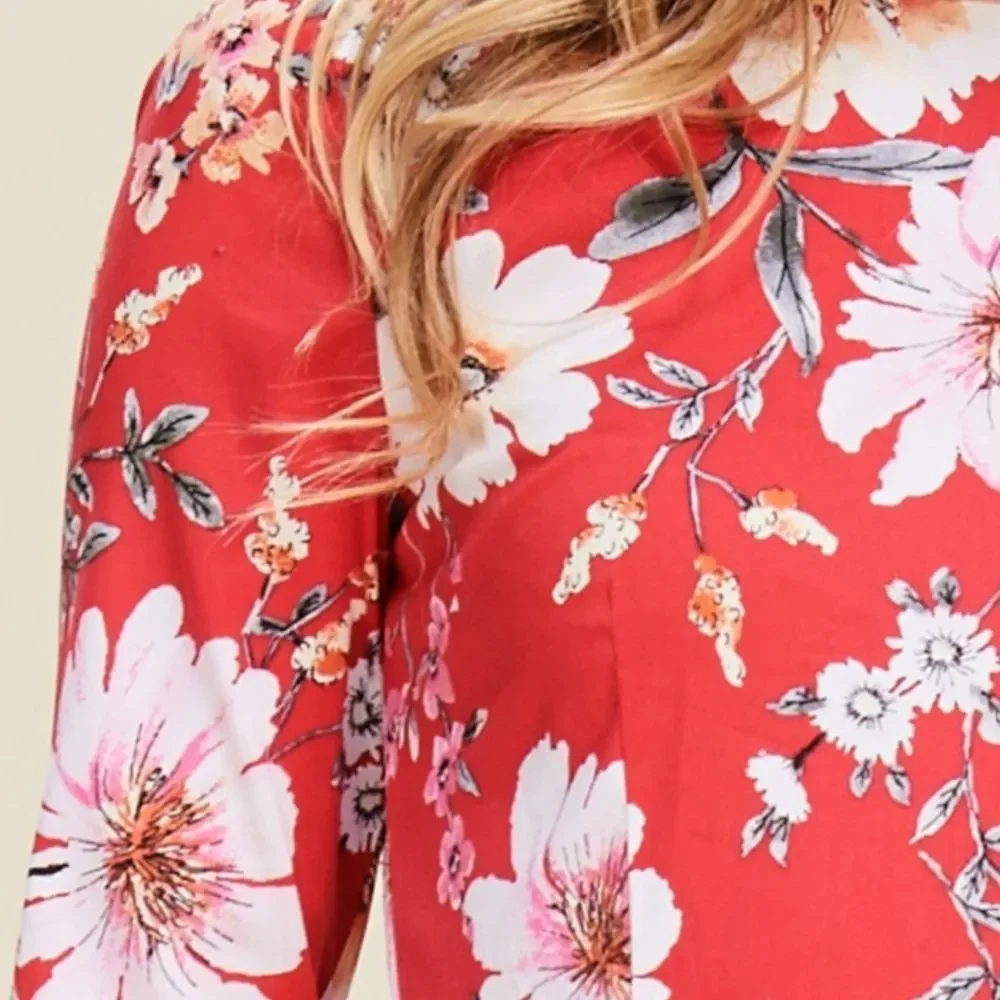 Red Floral 3/4 Sleeve Ribbon Dress.  NWT - Picture 2 of 5